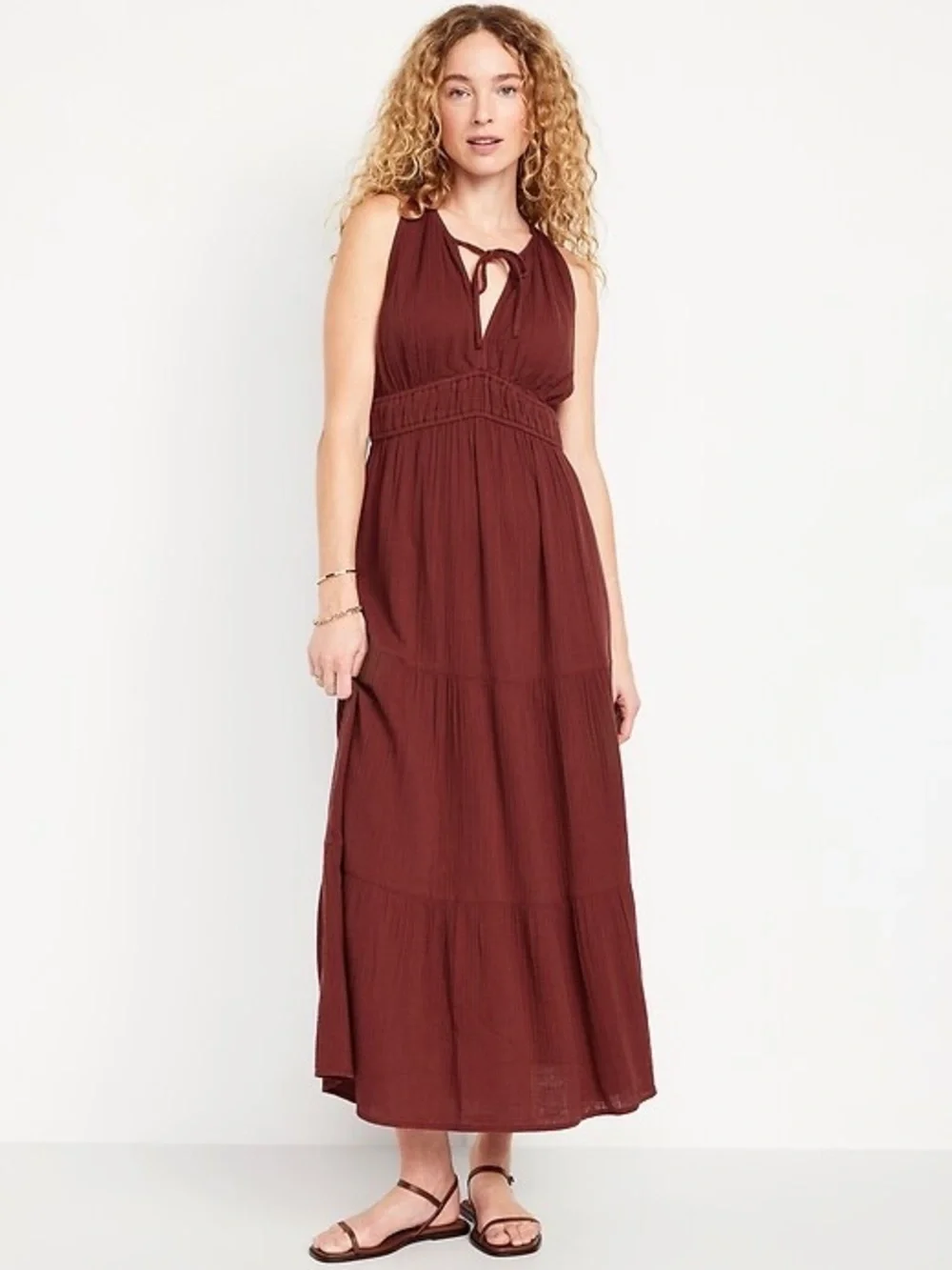 Old Navy Sleeveless V‑Neck Tiered Maxi Dress — Burgundy - Picture 2 of 7